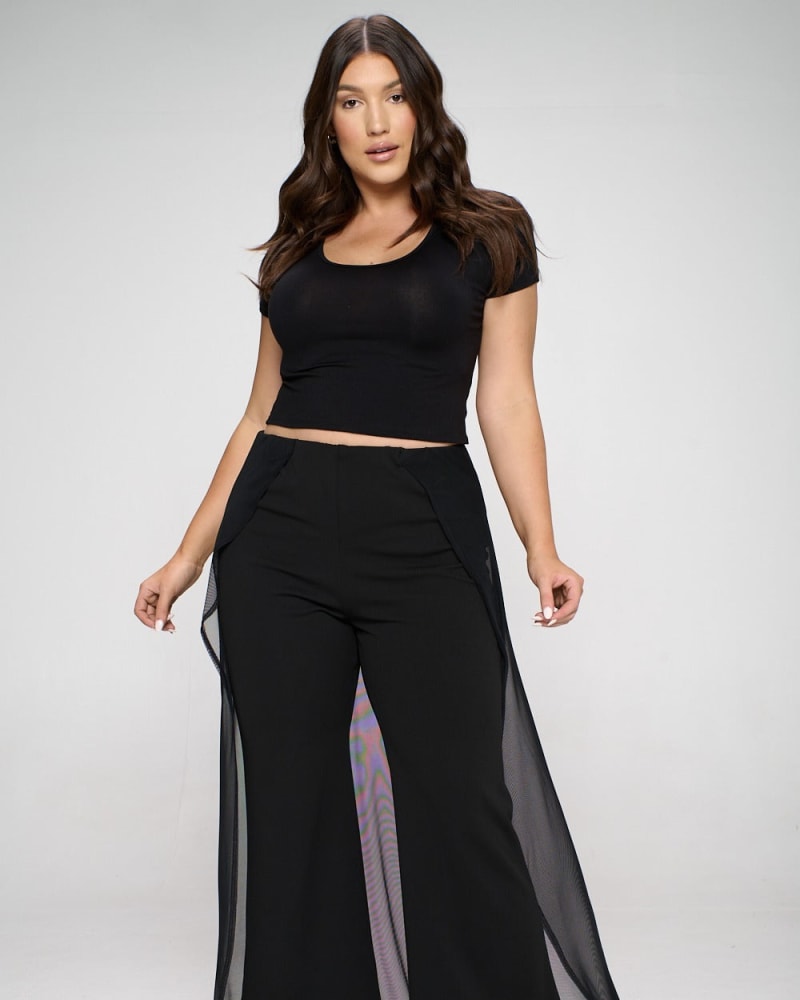 Front of a model wearing a size 1X Walk Through Mesh Pants in Black by L I V D. | dia_product_style_image_id:241859